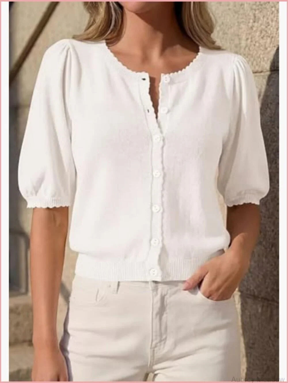 Puff Short Sleeve Cardigan Lightweight Button Down Knit Sweater Top - Picture 2 of 7